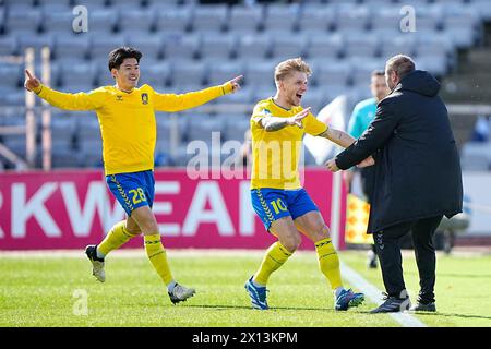 14. April 2024, Aarhus, Dänemark. Superligakampen mellem AGF og Brøndby IF på Ceres Park i Aarhus søndag den 14. april 2024. Quelle: Ritzau/Alamy Live News Stockfoto