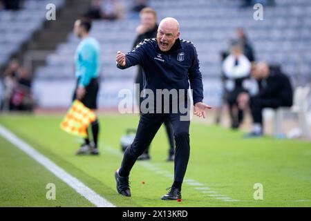 14. April 2024, Aarhus, Dänemark. AGF-Cheftrainer Uwe Rösler reagiert am Sonntag, den 14. April 2024, während des Superliga-Spiels zwischen AGF und Brøndby IF im Ceres Park in Aarhus. (Foto: Bo Amstrup/Ritzau Scanpix) Credit: Ritzau/Alamy Live News Stockfoto