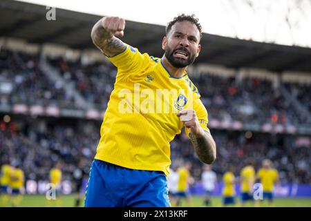 14. April 2024, Aarhus, Dänemark. Sean Klaiber von Brøndby reagiert, nachdem er beim Superliga-Spiel zwischen AGF und Brøndby IF im Ceres Park in Aarhus am Sonntag, den 14. April 2024, 2-1 Punkte erzielt hat. (Foto: Bo Amstrup/Ritzau Scanpix) Credit: Ritzau/Alamy Live News Stockfoto