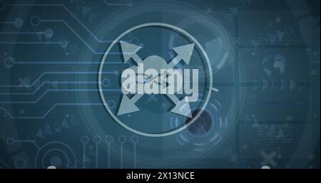 Abbildung von grafischen Flussdiagrammen mit Computersymbolen vor dem Bildschirm der Benutzeroberfläche Stockfoto