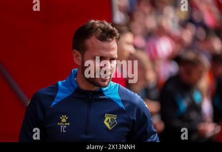 Watford Interimstrainer Tom Cleverley auf der Touchline vor dem Spiel der Sky Bet Championship im St Mary's Stadium in Southampton. Bilddatum: Samstag, 13. April 2024. Stockfoto