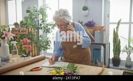 Eine ältere Floristin nimmt telefonisch im Blumenladen die Bestellung an Stockfoto