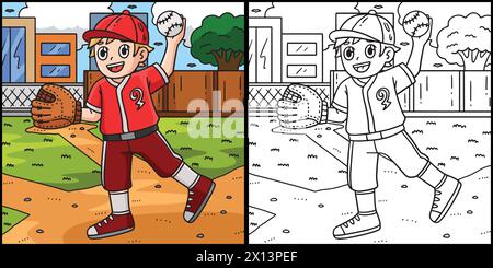 Baseball Boy Pitching Malseite Illustration Stock Vektor