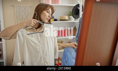 Eine junge Frau bewertet die Wahl der Kleidung in einem gut organisierten Raum mit einem Spiegel, der ihren nachdenklichen Ausdruck widerspiegelt. Stockfoto