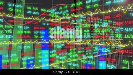 Bild der Börse und der Verarbeitung statistischer Daten auf der Weltkarte vor grauem Hintergrund Stockfoto