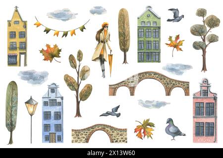 Alte europäische Häuser sind bunt, Herbstbäume und Blätter, Brücken, Laternen, Mädchen im Regenmantel mit Regenschirm. Handgezeichnetes Aquarell Stockfoto