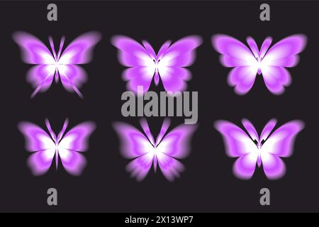 Aura Butterfly y2k futuristische, ästhetische Figurenkollektion, abstrakte, verschwommene Formen in Neon auf dunklem Hintergrund. Vektorabbildung Stock Vektor