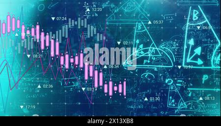 Bild der Verarbeitung von Finanzdaten über mathematische Gleichungen auf schwarzem Hintergrund Stockfoto