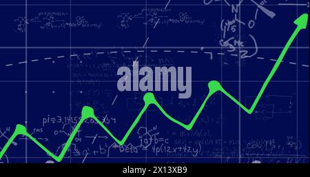 Bild der Verarbeitung von Finanzdaten über mathematische Gleichungen auf schwarzem Hintergrund Stockfoto