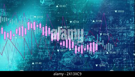 Bild der Verarbeitung von Finanzdaten über mathematische Gleichungen auf schwarzem Hintergrund Stockfoto