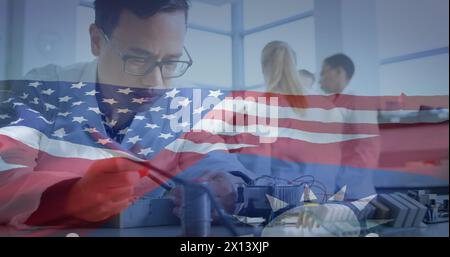 Bild eines birassischen männlichen Wissenschaftlers über der Flagge taiwans und der vereinigten staaten von amerika Stockfoto