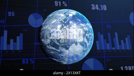 Abbildung mehrerer Diagramme und wechselnder Zahlen mit Rastermuster über rotierendem Globus Stockfoto