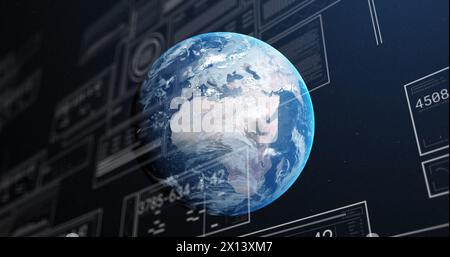 Abbildung mehrerer Diagramme, wechselnder Zahlen, Ladebalken und Kreise über den Globus Stockfoto