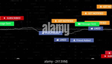 Abbildung mehrerer Benachrichtigungsbalken über Diagrammen und wechselnder Zahlen auf schwarzem Hintergrund Stockfoto