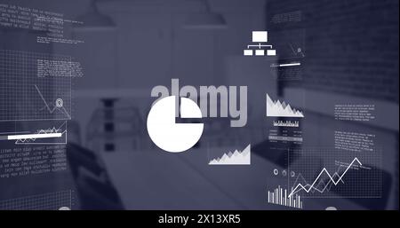 Bild der Schnittstelle mit statistischer Datenverarbeitung gegenüber leerem Konferenzraum im Büro Stockfoto