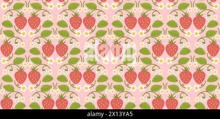 Nahtloses Muster, das Erdbeeren, süße Beeren, Blumen und grünes Laub hervorhebt. Repetitive Oberflächengestaltung für Küchenbekleidung, fabri Stock Vektor