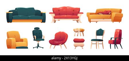 Trendige Sofas Stühle Sessel. Komfortable Möbel in Cartoon-Stil für Wohnzimmereinrichtung, moderne Couch und Sessel mit Kissen. Vektor-isolierter Satz Stock Vektor
