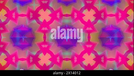 Bild von kaleidoskopischen, farbenfrohen rosa, grünen und gelben Formen, die sich hypnotisch auf violettem Hintergras bewegen Stockfoto