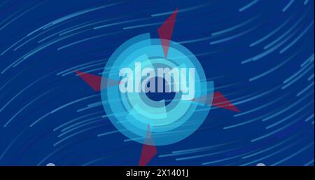 Bild von blassblauen Ringen mit roten Segeln, die sich auf blauem Hintergrund drehen, mit sich bewegenden blassblauen Wellen Stockfoto