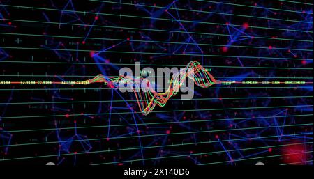 Bild der Datenverarbeitung über Netzwerke von Verbindungen auf schwarzem Hintergrund Stockfoto