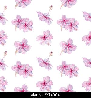 Nahtloses Muster der rosafarbenen Hibiskusblüten. Aquarellabbildung isoliert auf weißem Hintergrund. Blumenmuster für Tapeten und Bettwäsche Stockfoto
