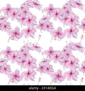 Nahtloses Muster der rosafarbenen Hibiskusblüten. Aquarellabbildung isoliert auf weißem Hintergrund. Blumenmuster für Tapeten und Bettwäsche Stockfoto