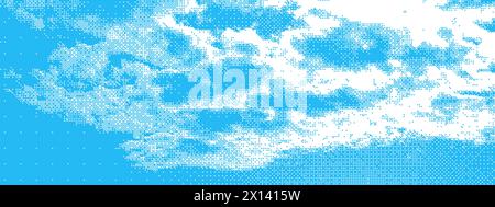 Einfarbige blaue Wolken am Himmel mit Rasterrastereffekt und Punktstruktur. Dramatisch stürmischer Himmel. Rauch oder Nebel im Pop Art- oder Comic-Stil. Retro-Fahrzeug Stock Vektor