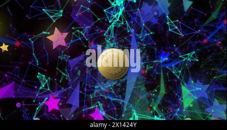 Bild des nft-Textes auf goldener Münze und Netzwerk von Verbindungen und Sternen auf dunklem Hintergrund Stockfoto Bild des nft-Textes auf goldener Münze und Netzwerk von Verbindungen und Sternen auf dunklem Hintergrund Stockfoto