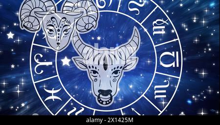 Bild von Horoskop-Symbolen über Sternen auf blauem Hintergrund Stockfoto