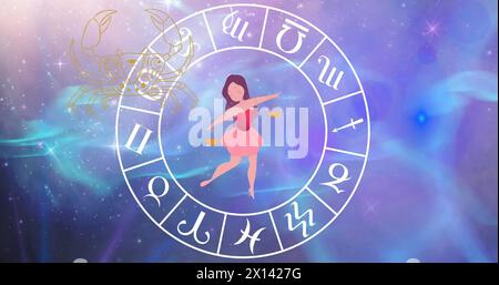 Bild von Horoskop-Symbolen über Sternen auf blauem Hintergrund Stockfoto