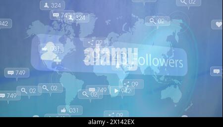 Bild von Social-Media-Symbolen und -Zahlen auf der Weltkarte Stockfoto