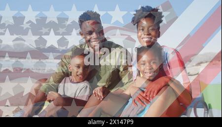 Bild der usa-Flagge über glücklicher afroamerikanischer Familie Stockfoto