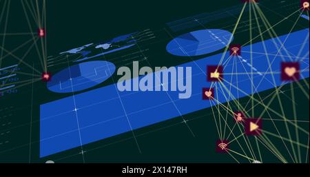Bild von Symbolen, die mit Linien über blauer Infografik-Oberfläche vor abstraktem Hintergrund verbunden sind Stockfoto