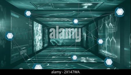 Abbildung von Symbolen in Sechsecken, die durch Linien über dem Infografik-Schnittstellentunnel verbunden sind Stockfoto