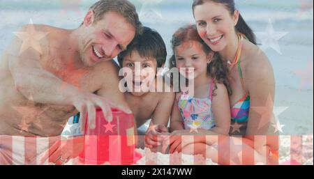 Bild der us-Flagge über glücklicher kaukasischer Familie Stockfoto