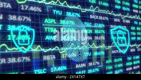 Abbildung: Datenverarbeitung und Vorhängeschlösser mit Fingerabdruck auf blauem Hintergrund Stockfoto