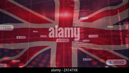 Abbildung der Verarbeitung von Finanzdaten und Social-Media-Symbole mit Zahlen über der Flagge von großbritannien Stockfoto