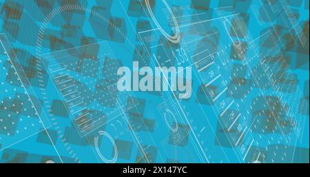 Bild der Schnittstelle mit Datenverarbeitung über abstrakte 3D-Formen vor blauem Hintergrund Stockfoto