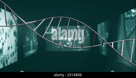 Das Bild zeigt einen dreidimensionalen grauen dna-Strang, der sich schnell auf einem transparenten Hintergrund dreht Stockfoto