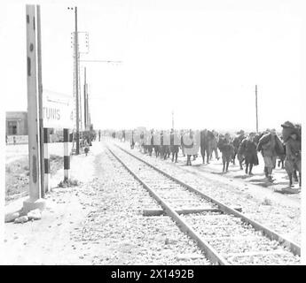 TUNIS : LETZTE PHASEN VOR DER EROBERUNG DER STADT - vier Kilo vor Tunis und eine weitere Gefangene-Kolonne wird von der britischen Armee in Tunis weggelaufen Stockfoto