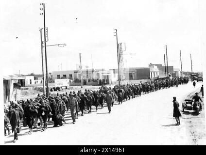 TUNIS : LETZTE PHASEN VOR DER EROBERUNG DER STADT - vier Kilo vor Tunis und eine weitere Gefangene-Kolonne wird von der britischen Armee in Tunis weggelaufen Stockfoto