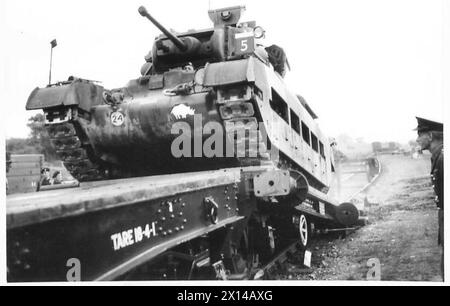 TANKS WERDEN AUF Einem SPEZIELLEN SCHIENENTANKER GELADEN - Tanks klettern auf die LKWs, British Army Stockfoto