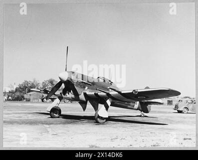 TAIFUN : DÄMONENKÄMPFER DES R.A.F. - Hawker Typhoon, eines der schnellsten Kampfflugzeuge aller Zeiten, ist seit mehreren Monaten im Dienst der R.A.F., während dessen er sich als Meister aller Dinge gezeigt hat, die die Luftwaffe produzieren kann, sowohl im Angriff als auch in der Verteidigung. Taifune haben schwere Opfer von FW.190-Raidern gefordert und viele verheerende Angriffe auf feindliche Transporte im besetzten Europa auf niedrigem Niveau unternommen. Taifun ist ein einsitziger, niederflügeliger Monoplane aus Metall, der mit einem 24-Zylinder-Napier Sabre-Sleeve-Ventil-Motor angetrieben wird. Er hat eine Flügelspannweite von 41 Fuß. 7 Zoll Und ein V Stockfoto