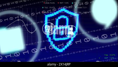 Abbildung der Datenverarbeitung über Medien und Vorhängeschloss-Symbole Stockfoto