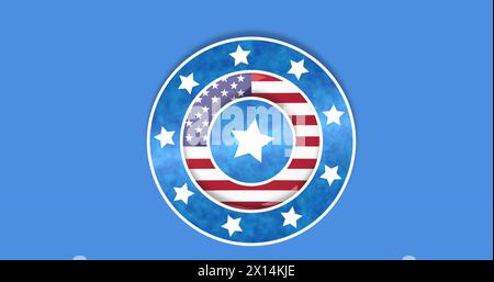 Bild von weißen, blauen und roten Kreisen mit weißen Sternen und Flagge der usa auf blauem Hintergrund Stockfoto