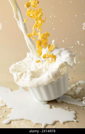 Trockene Honigmaisflocken mit Milchspritzern auf einer Keramikplatte. Flocken mit Bio-Milch. Das Konzept von gesunder Ernährung, vegetarischer und veganer Ernährung fo Stockfoto