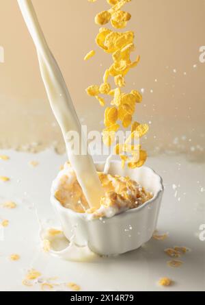 Trockene Honigmaisflocken mit Milchspritzern auf einer Keramikplatte. Flocken mit Bio-Milch. Das Konzept von gesunder Ernährung, vegetarischer und veganer Ernährung fo Stockfoto