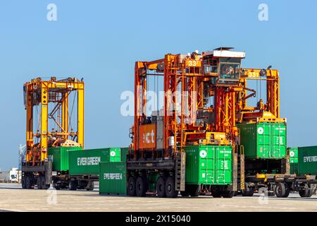 Der Traddle Carrier dient zum Transportieren von Containern in einem Containerterminal. Hafen Rotterdam, Niederlande. September 2012 Stockfoto