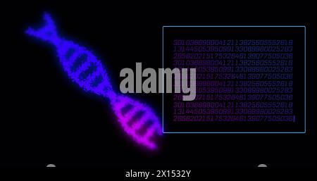 Bild der Datenverarbeitung mit dna-Strang auf schwarzem Hintergrund Stockfoto