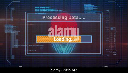Abbildung: Ladebalken, Computersprache, Fingerabdruck und sich ändernde Zahlen auf schwarzem Hintergrund Stockfoto
